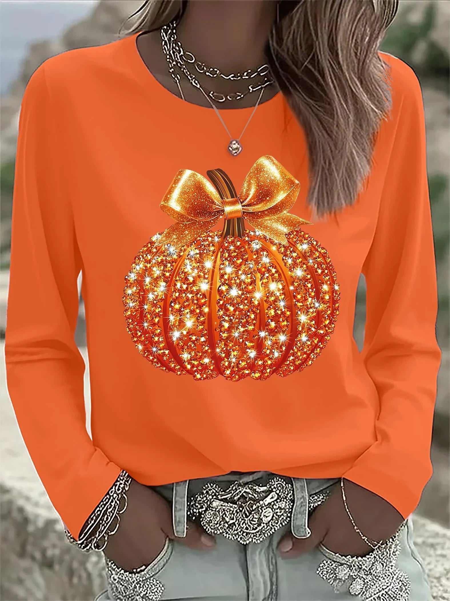 Autumn Sequin Pumpkin Long Sleeve T-Shirt Thanksgiving Apparel Gift Ideas For Mom - Merchluma