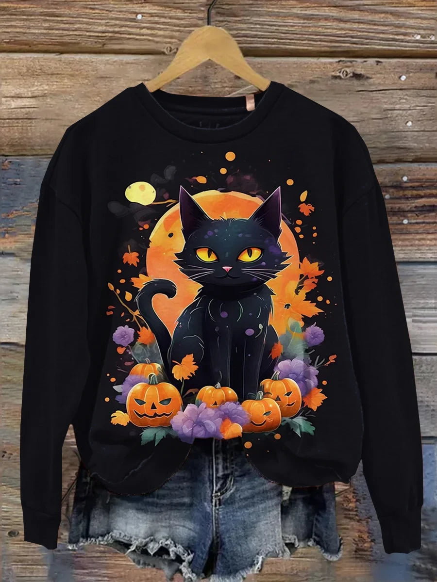 Halloween Black Cat And Pumpkin Long Sleeve Shirt Halloween Graphic Clothes Gift For Cat Lovers - Merchluma
