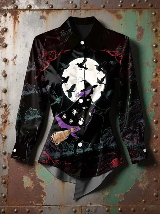 Full Moon Witch Flight Button Up Long Shirt Halloween Clothes Gift For Mystic Souls - Merchluma
