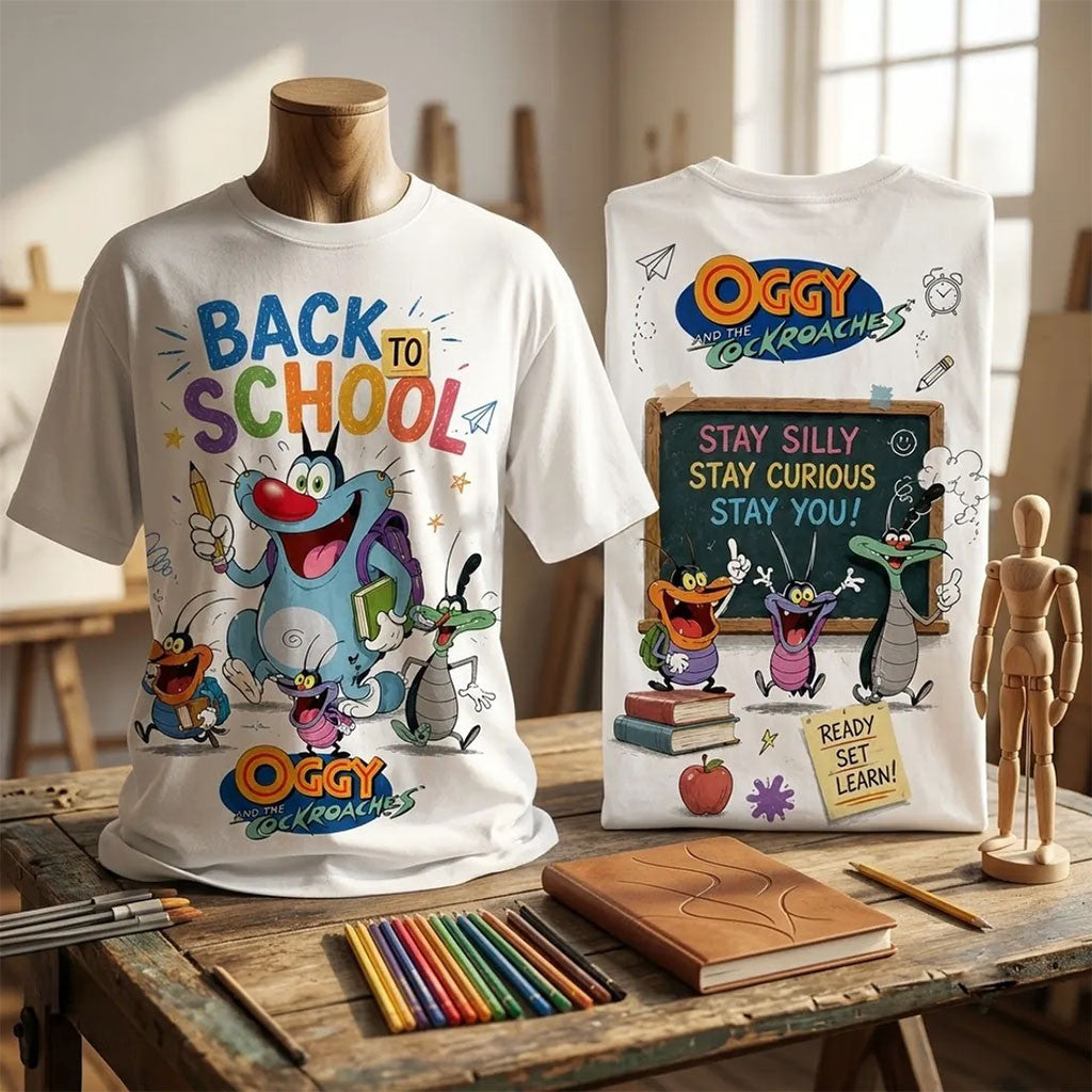 Oggy And The Cockroaches Back To School White T-Shirt School Outfits For Student - Merchluma