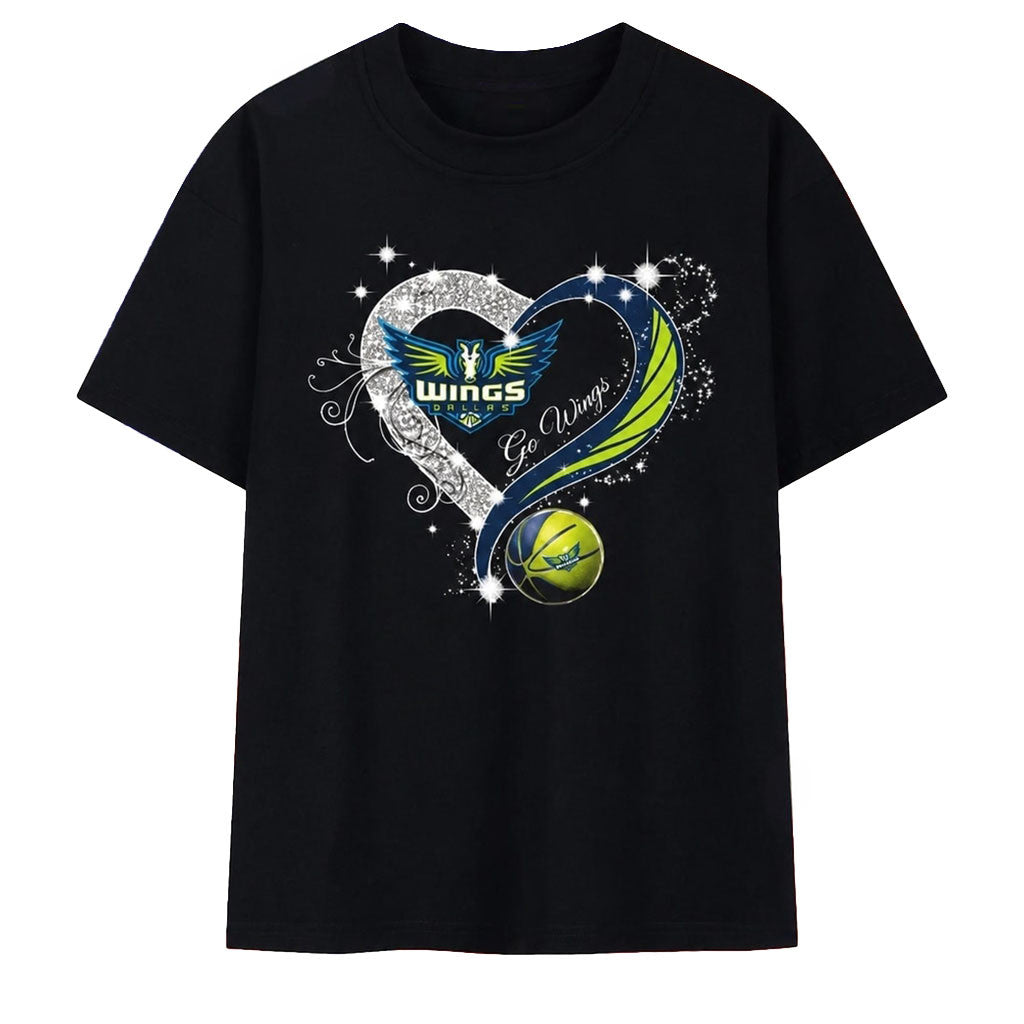 Dallas Wings Go Wings Bling Heart T-Shirt 2026 Dallas Wings Merch Best Gift For Basketball Fan - Merchluma