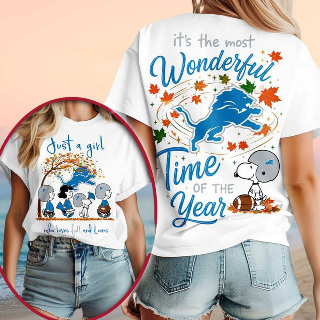 Detroit Lions Snoopy Autumn Fall Leaves Time Shirt Detroit Lions Merch Gift For Game Day - Merchluma