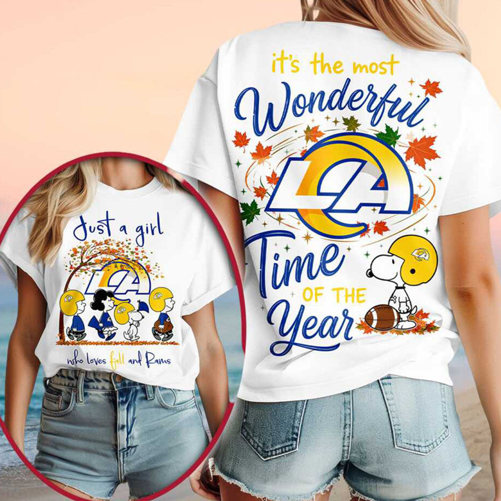 Los Angeles Rams Snoopy Fall Leaves Wonderful Shirt LA Rams Merch Present For Football Fans - Merchluma