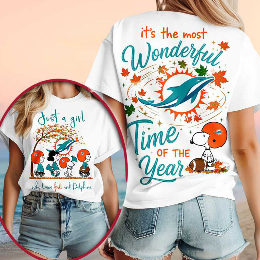 Miami Dolphins Snoopy Peanuts Fall Football Leaves Shirt Miami Dolphins Merch Fan Gift Ideas - Merchluma