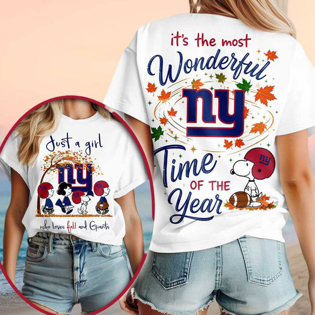 New York Giants Snoopy Peanuts Fall Football Leaves Shirt NY Giants Merch Gift For Autumn - Merchluma