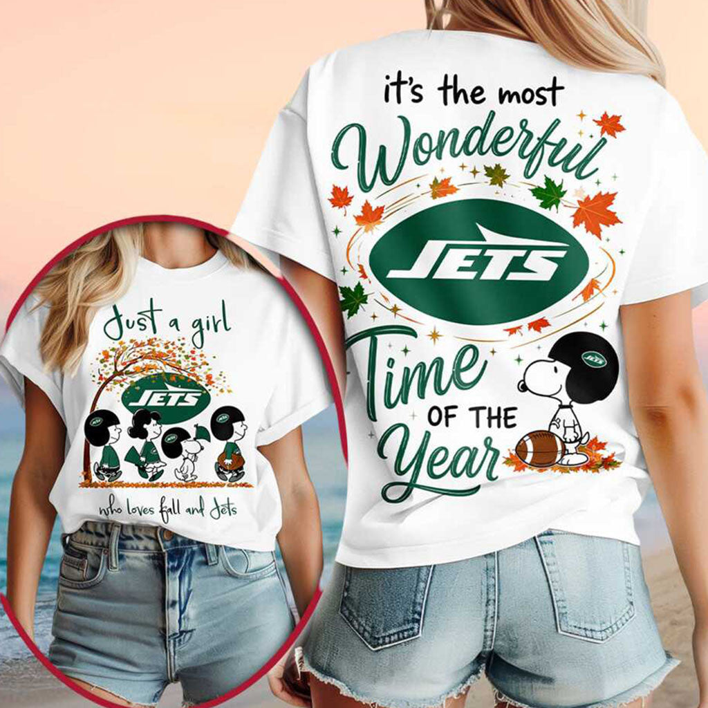 New York Jets Snoopy Fall Leaves Wonderful Shirt NY Jets Merch Gift For Football Lovers - Merchluma