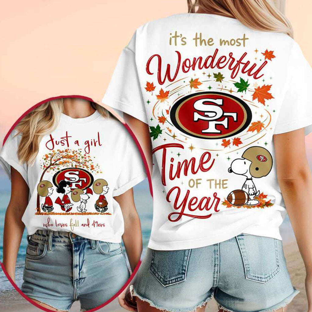 San Francisco 49ers Snoopy Peanuts Fall Football Leaves Shirt SF 49ers Merch Autumn Gifts - Merchluma