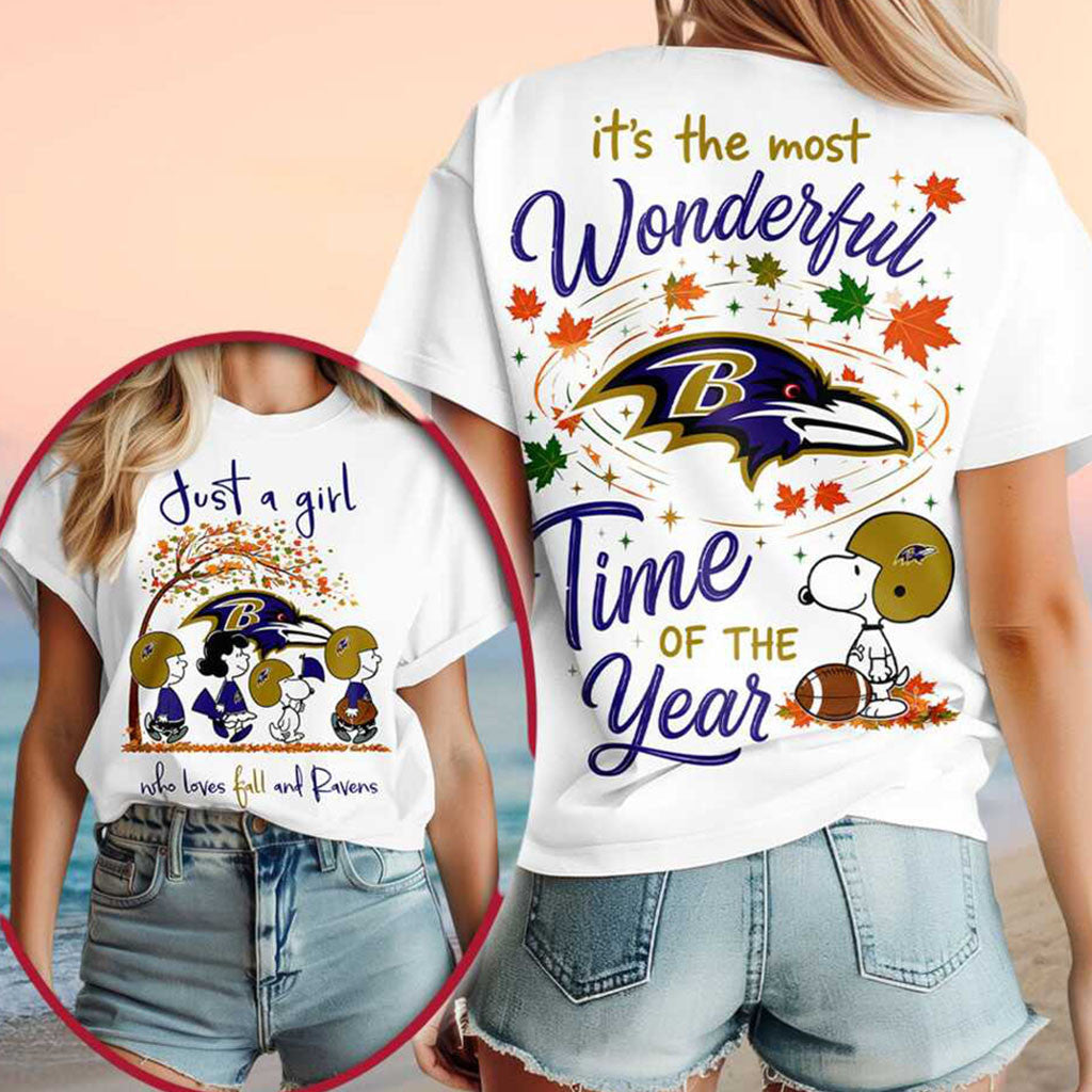 Baltimore Ravens Snoopy Fall Leaves Wonderful Shirt Autumn T-Shirt Baltimore Ravens Merch Gift - Merchluma