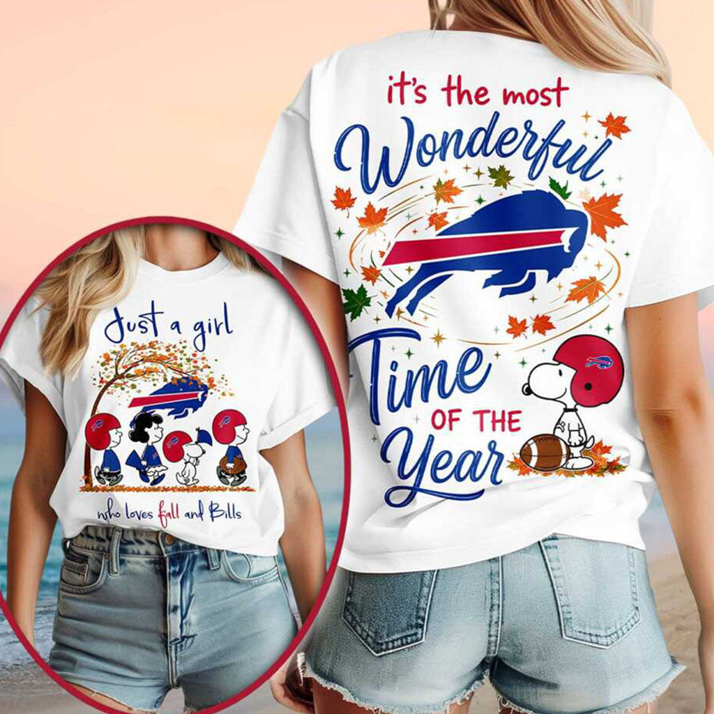 Buffalo Bills Snoopy Fall Leaves Wonderful Time Shirt Buffalo Bills Merch Football Gift For Her - Merchluma