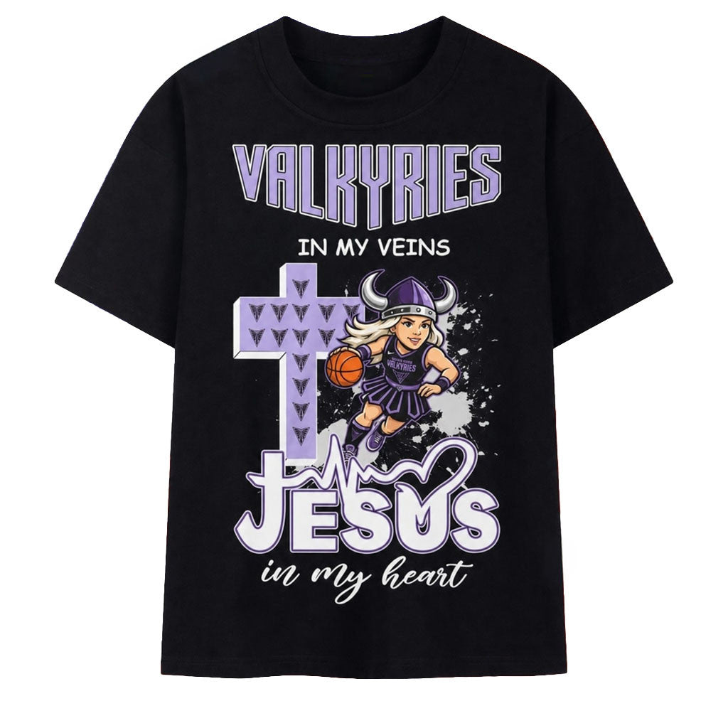 Golden State Valkyries In My Veins Jesus In My Heart T-Shirt Valkyries Merch Religious Gifts - Merchluma