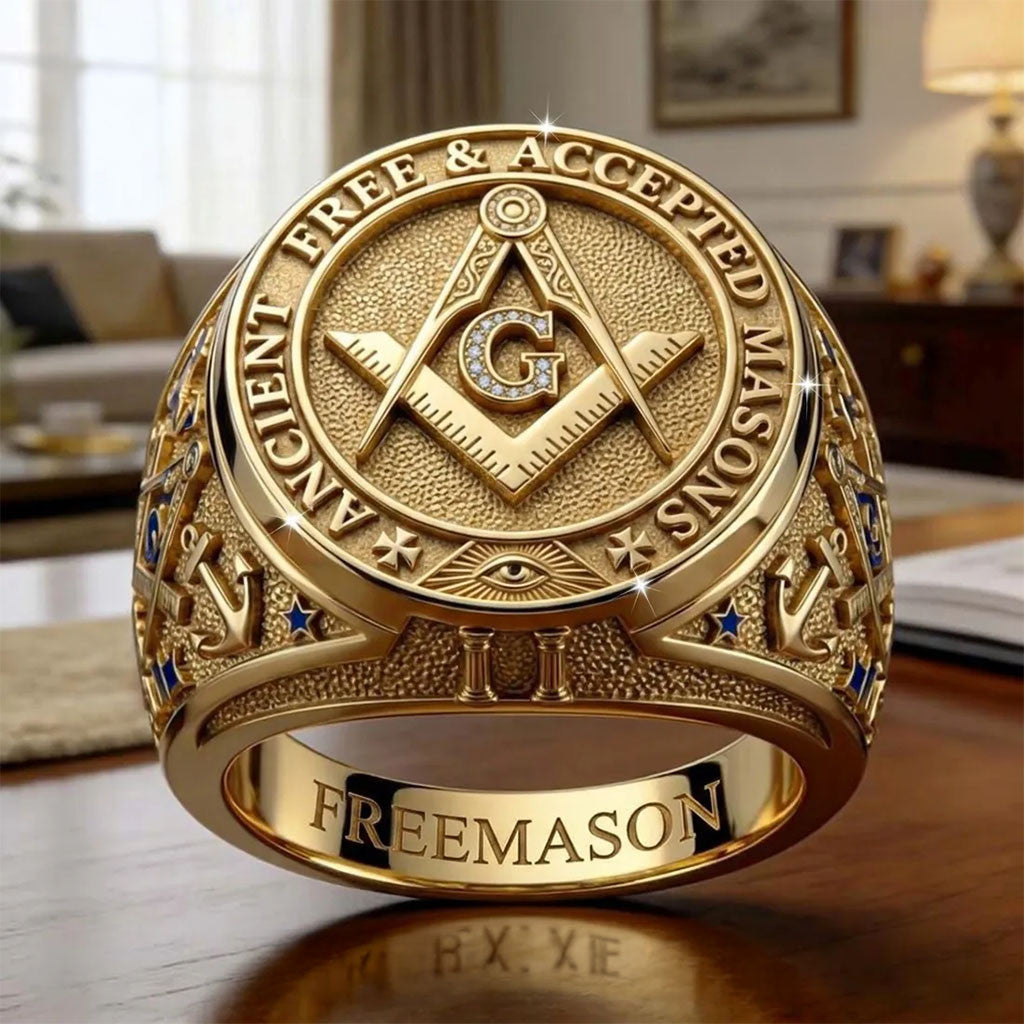Masonic Gold Square And Compass Ring Free And Accepted Ring Useful Gift For Dad - Merchluma