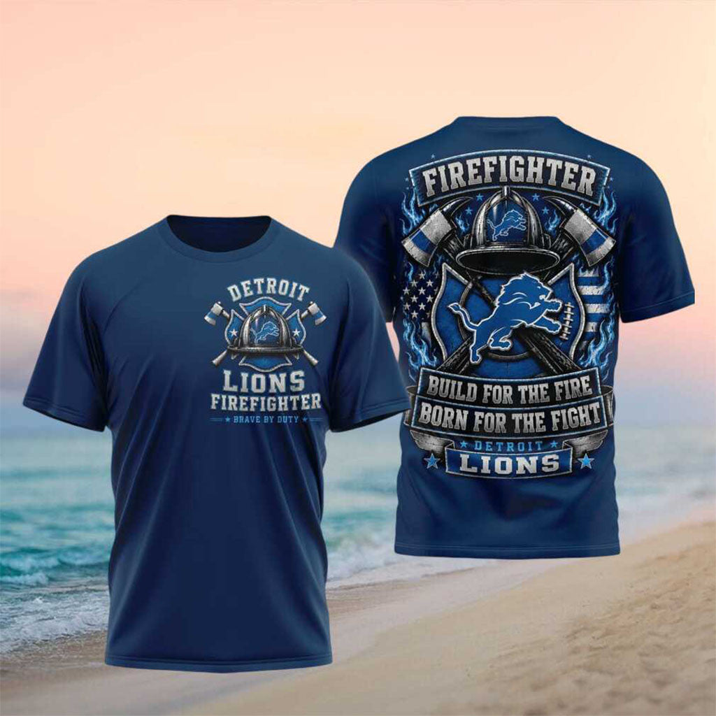 Detroit Lions Firefighter Helmet American Flag Shirt Detroit Lions Merch Cool Fireman Gifts - Merchluma