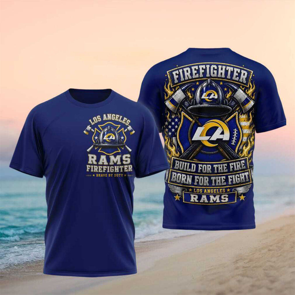Los Angeles Rams Firefighter Helmet American Flag Shirt LA Rams Merch Cool Fireman Gifts - Merchluma