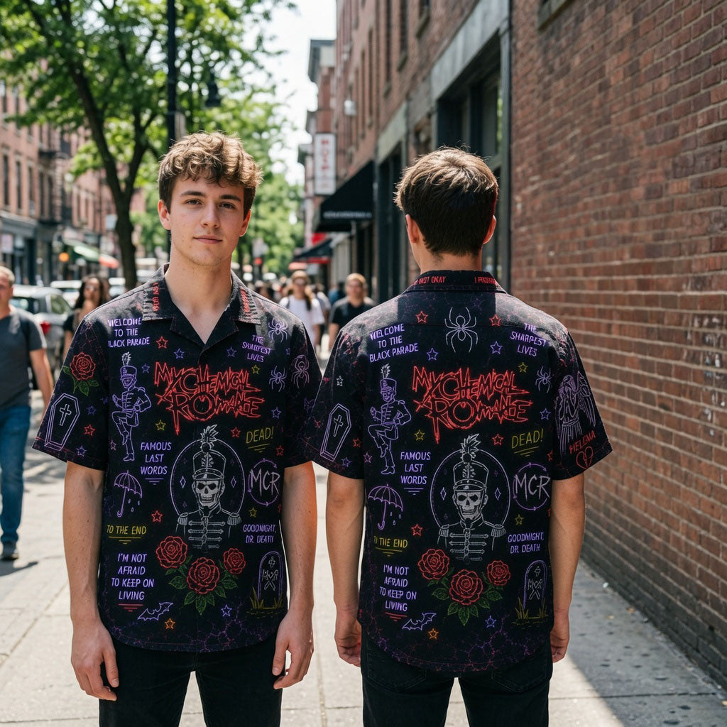 My Chemical Romance Neon Rock Band Emo Punk Gothic Summer Hawaiian Shirt MCR Merch 2026 - Merchluma