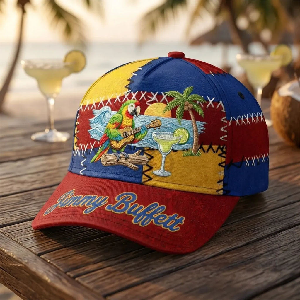 Jimmy Buffett Tropical Parrot Patchwork Baseball Hat Jimmy Buffett Merch Summer Gift For Fans - Merchluma