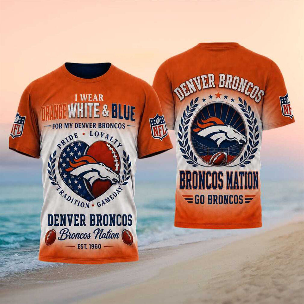 Denver Broncos Football Heart American Flag Pride Shirt Denver Broncos Merch Fan Gifts - Merchluma