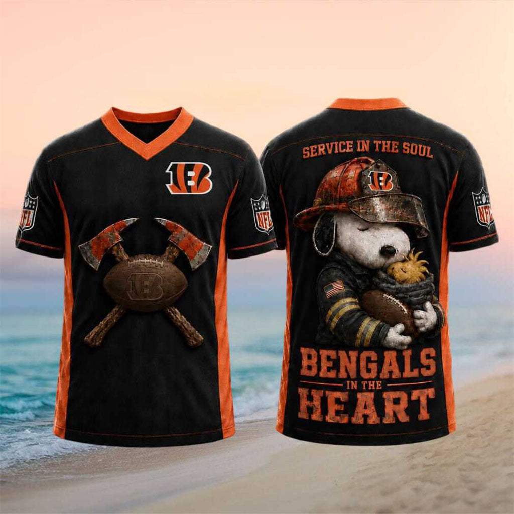 Cincinnati Bengals Snoopy Firefighter Football In The Heart V-Neck Shirt Bengals Merch 2026 - Merchluma