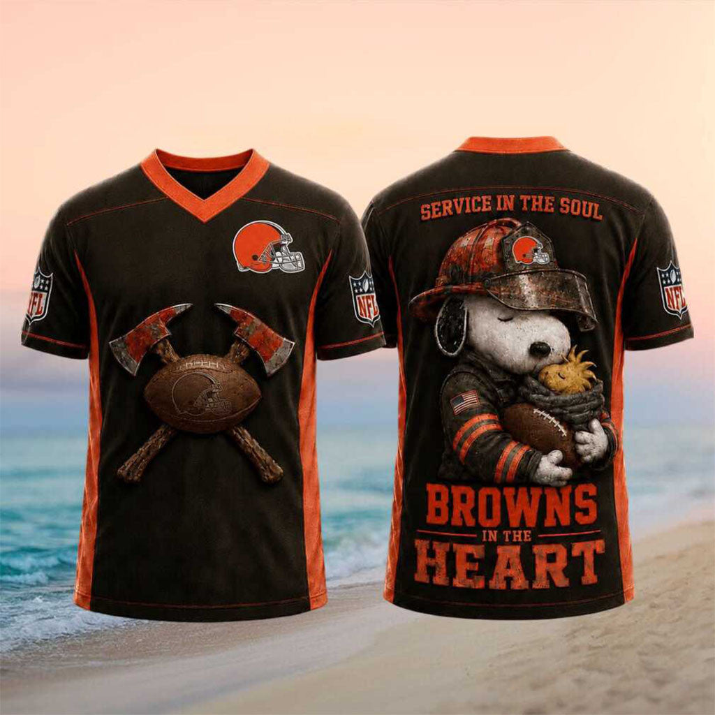 Cleveland Browns Snoopy Firefighter Football In The Heart V-Neck Shirt Browns Merch Fan Gifts - Merchluma