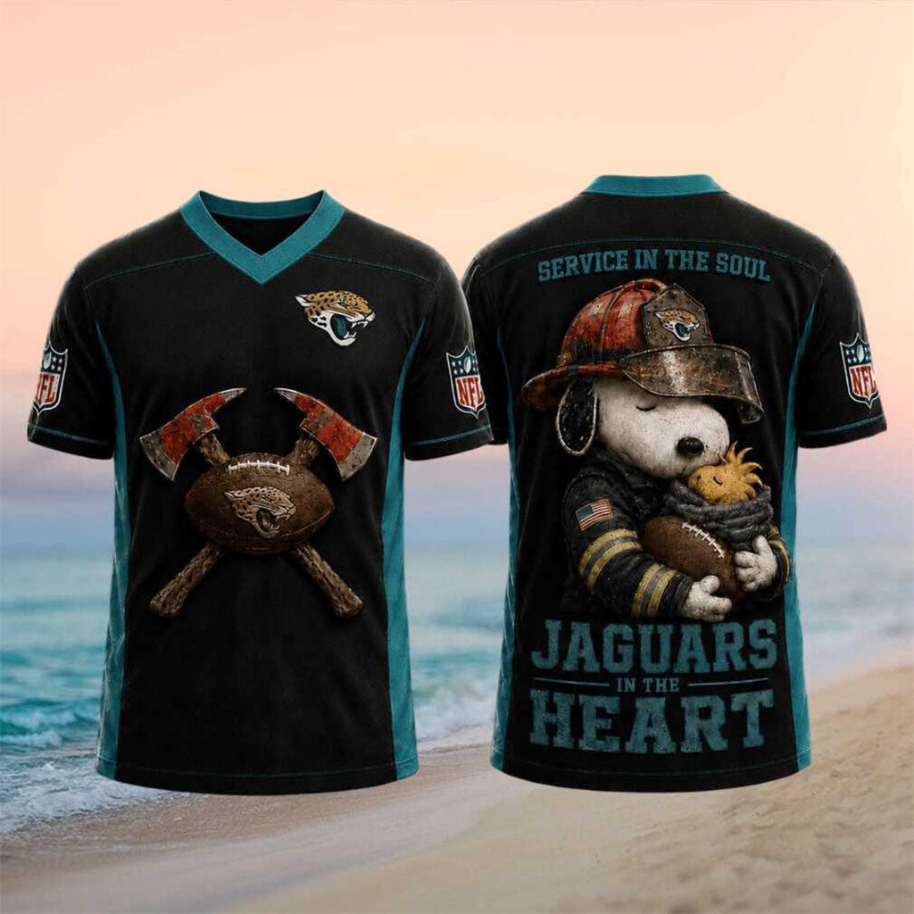Jacksonville Jaguars Snoopy Firefighter Football In The Heart V-Neck Shirt Jaguars Merch Gifts - Merchluma