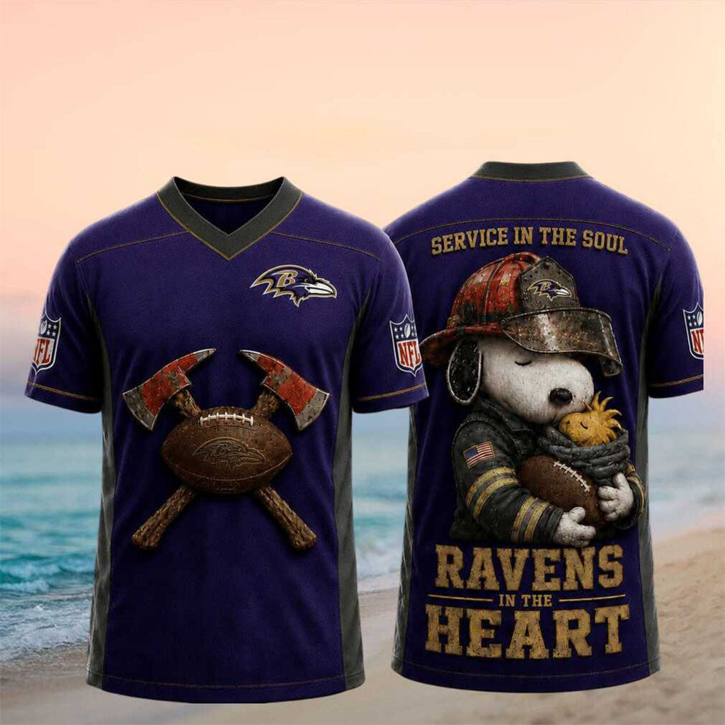 Baltimore Ravens Snoopy Firefighter Football In The Heart V-Neck Shirt Baltimore Ravens Merch - Merchluma