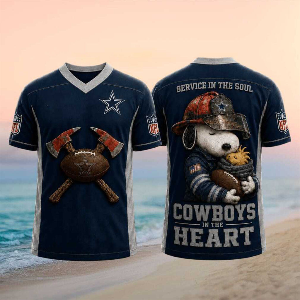 Dallas Cowboys Snoopy Firefighter Football In The Heart V-Neck Shirt Cowboys Merch Best Gifts - Merchluma