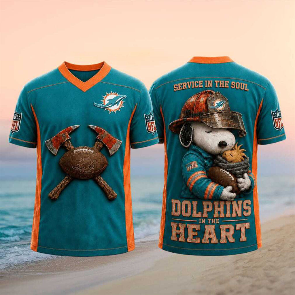 Miami Dolphins Snoopy Firefighter Football In The Heart V-Neck Shirt Miami Dolphins Merch Gifts - Merchluma