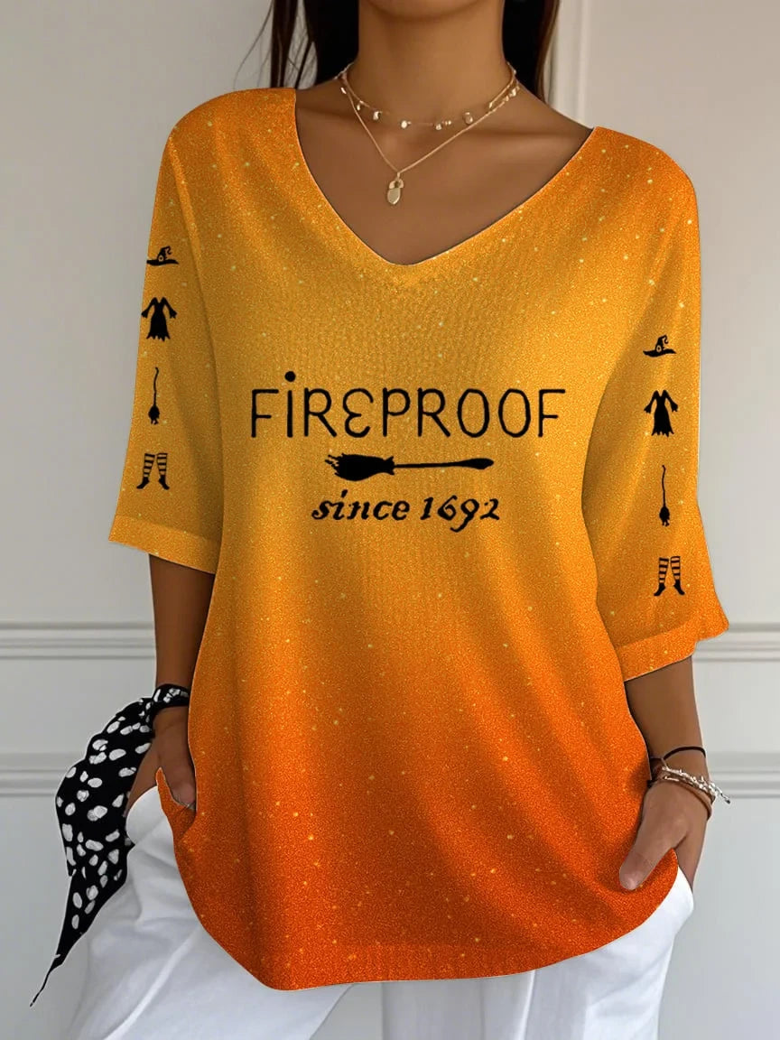 Fireproof Since 1692 Crop Sleeve V-Neck Shirt Witch Outfit Halloween Gift For Her - Merchluma