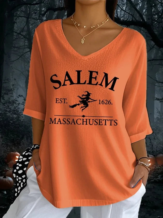 Halloween Witch Salem Massachusetts Crop Sleeve V-Neck T-Shirt Halloween Gifts For Her - Merchluma