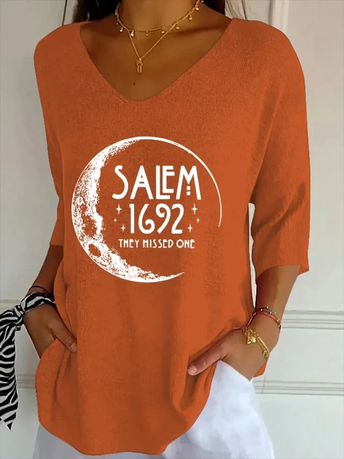 Salem 1692 They Missed One Crop Sleeve V-Neck Shirt Womens Witch Outfit Halloween Gifts - Merchluma