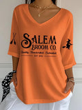 Salem Broom Co Crop Sleeve V-Neck Shirt Womens Witch Outfit Best Gift For Halloween - Merchluma