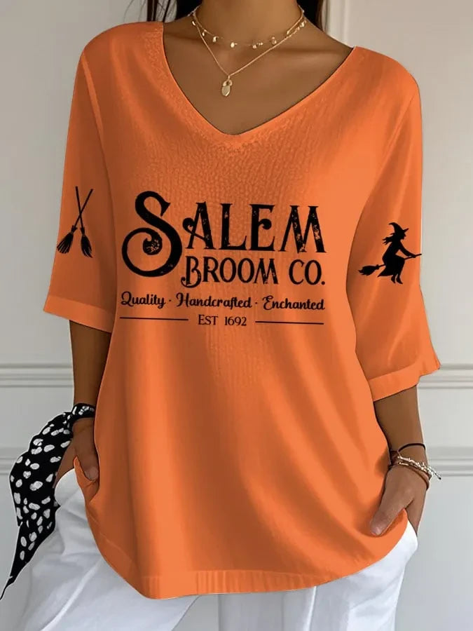 Salem Broom Co Crop Sleeve V-Neck Shirt Womens Witch Outfit Best Gift For Halloween - Merchluma