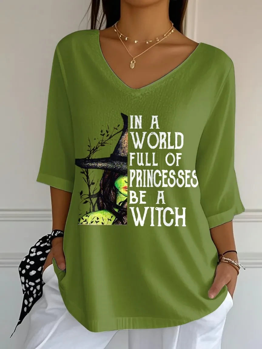 In A World Full Of Princesses Be A Witch Crop Sleeve V-Neck Shirt Ladies Halloween Clothes - Merchluma