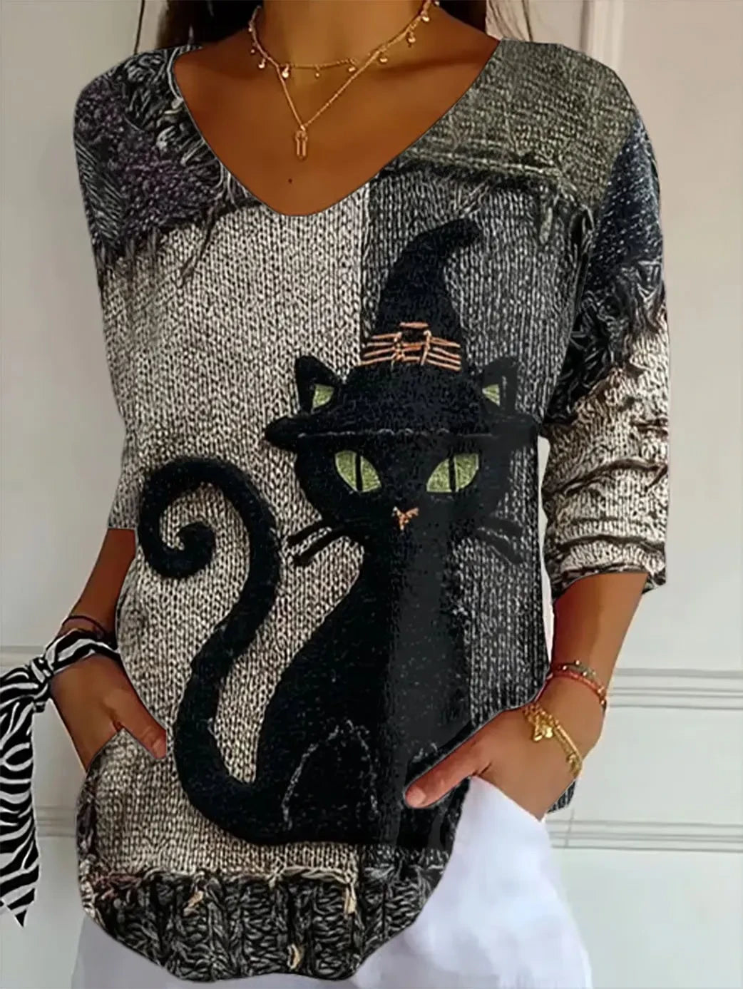 Halloween Black Cat Crop Sleeve V-Neck Shirt Women Halloween Clothes Gift For Cat Lovers - Merchluma
