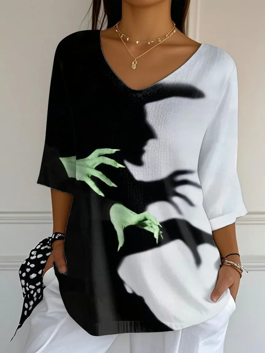 Halloween Witch Crop Sleeve V-Neck Shirt Women Halloween Clothes Spooky Gifts - Merchluma