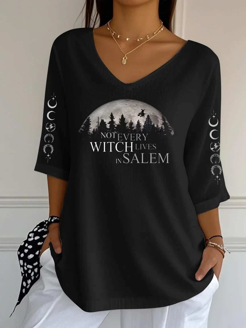 Not Every Witch Lives In Salem Crop Sleeve V-Neck Shirt Black Halloween Gift For Women - Merchluma