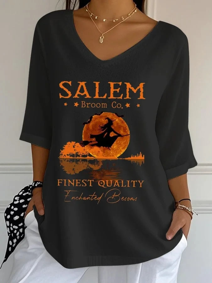 Salem Broom Co Finest Quality Crop Sleeve V-Neck Shirt Witch Outfits Best Halloween Gifts - Merchluma