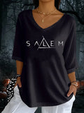 Salem Crop Sleeve V-Neck Shirt Black Witch Outfit For Women Halloween Gifts Ideas - Merchluma