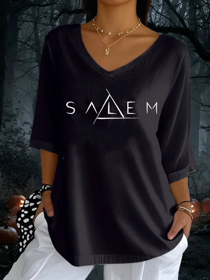 Salem Crop Sleeve V-Neck Shirt Black Witch Outfit For Women Halloween Gifts Ideas - Merchluma