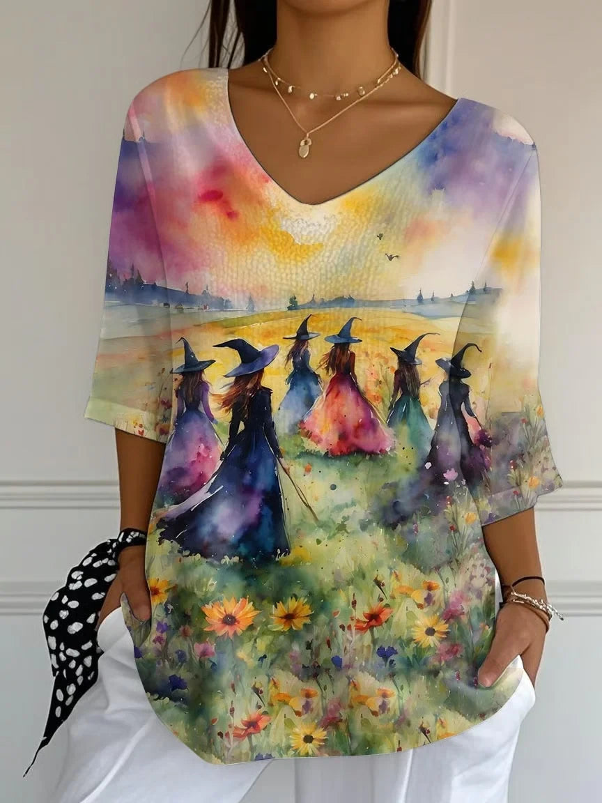 Witches Art Floral Crop Sleeve V-Neck Shirt Good Halloween Outfits Best Gift For Mom - Merchluma