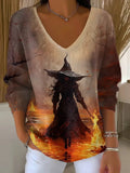 Halloween Witch Long Sleeve V-Neck Shirt Halloween Themed Shirts Gifts For Her - Merchluma