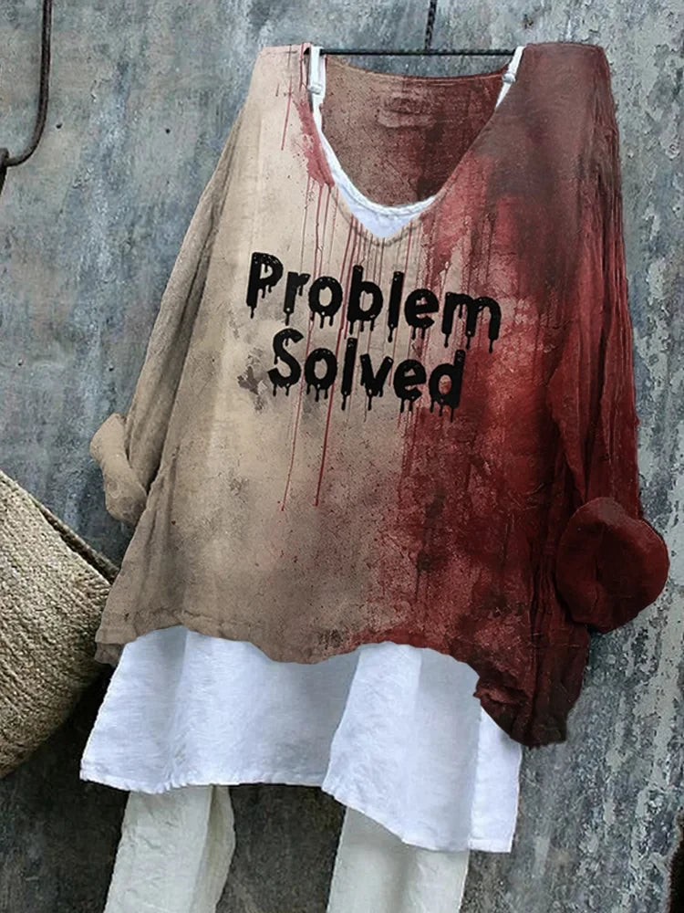 Problem Solved Halloween Blood Pattern Long Sleeve V-Neck Shirt Womens Halloween Apparel - Merchluma