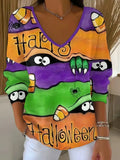 Retro Horror Witch Long Sleeve V-Neck Shirt Halloween Apparel Women's Gift For Wife - Merchluma