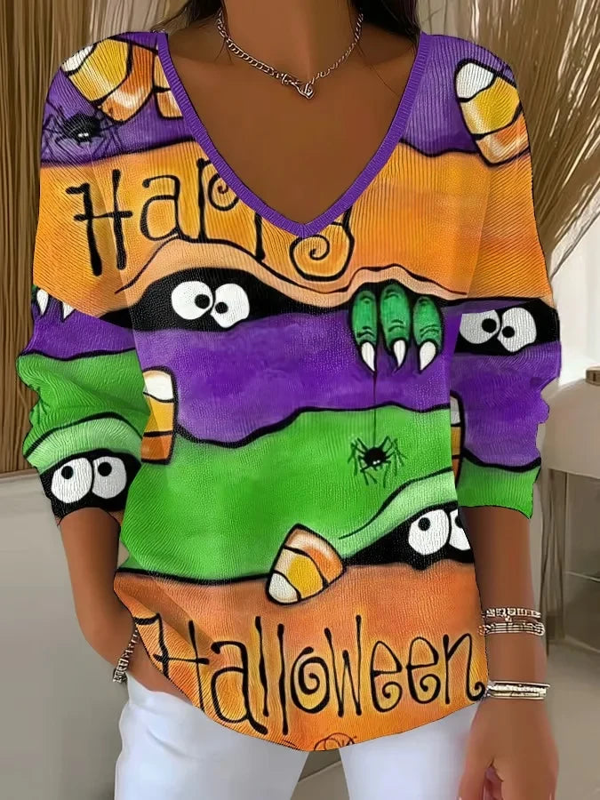 Retro Horror Witch Long Sleeve V-Neck Shirt Halloween Apparel Women's Gift For Wife - Merchluma