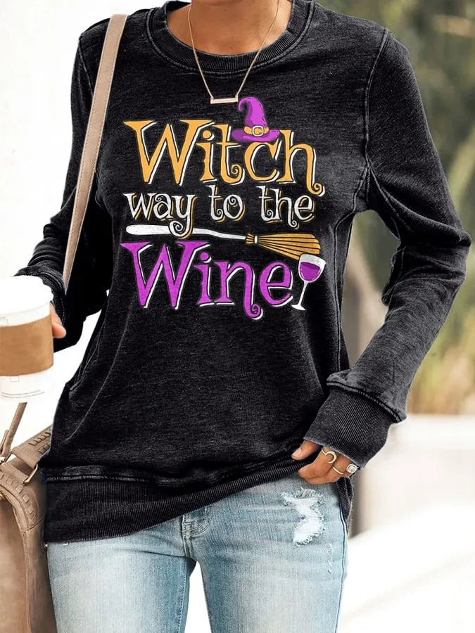 Halloween Witch Way To The Wine Crewneck Sweatshirt Spirit Halloween Outfits Gift For Drinker - Merchluma