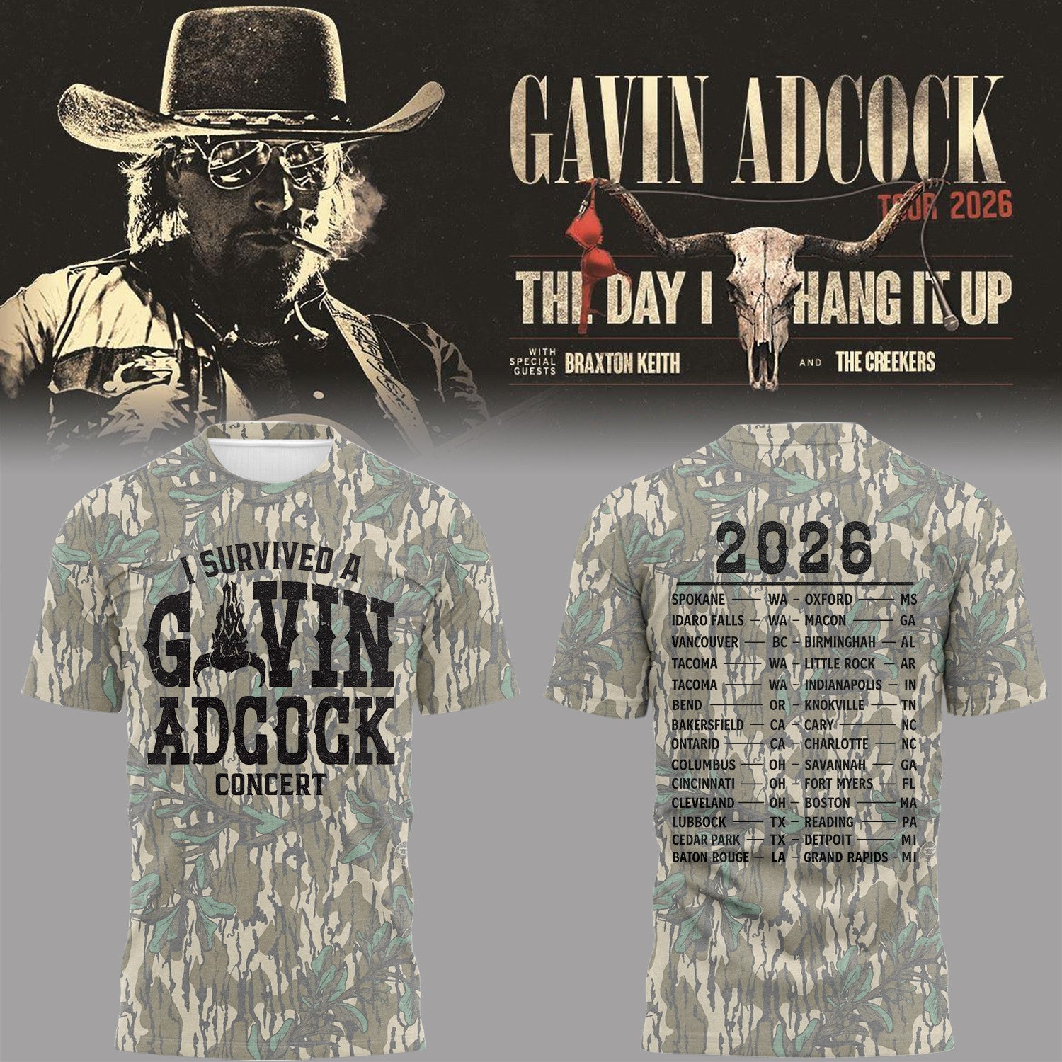 Gavin Adcock Tour 2026 Merch The Day I Hand It Up Camo Shirt I Survived A GA Concert T-Shirt - Merchluma