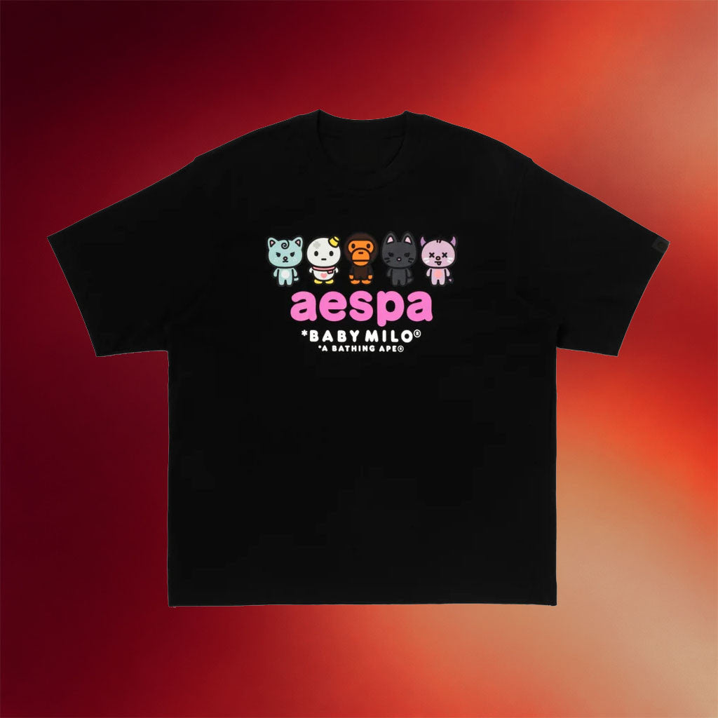 Aespa Merch 2026 BAPE X Aespa Baby Milo T-Shirt Black Kpop Gear Cute Gift For Fans - Merchluma