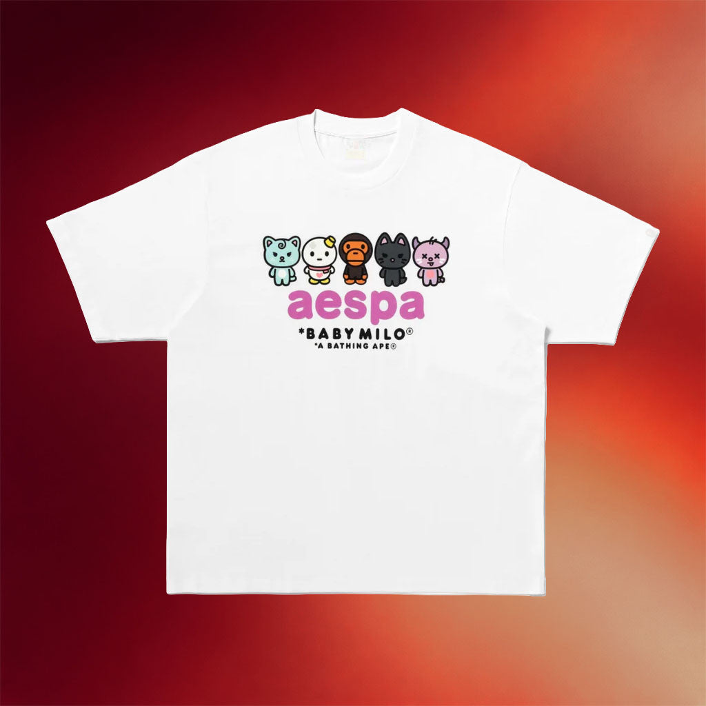 Aespa Merch 2026 BAPE X Aespa Baby Milo T-Shirt White Cute Gift For Kpop Fans - Merchluma