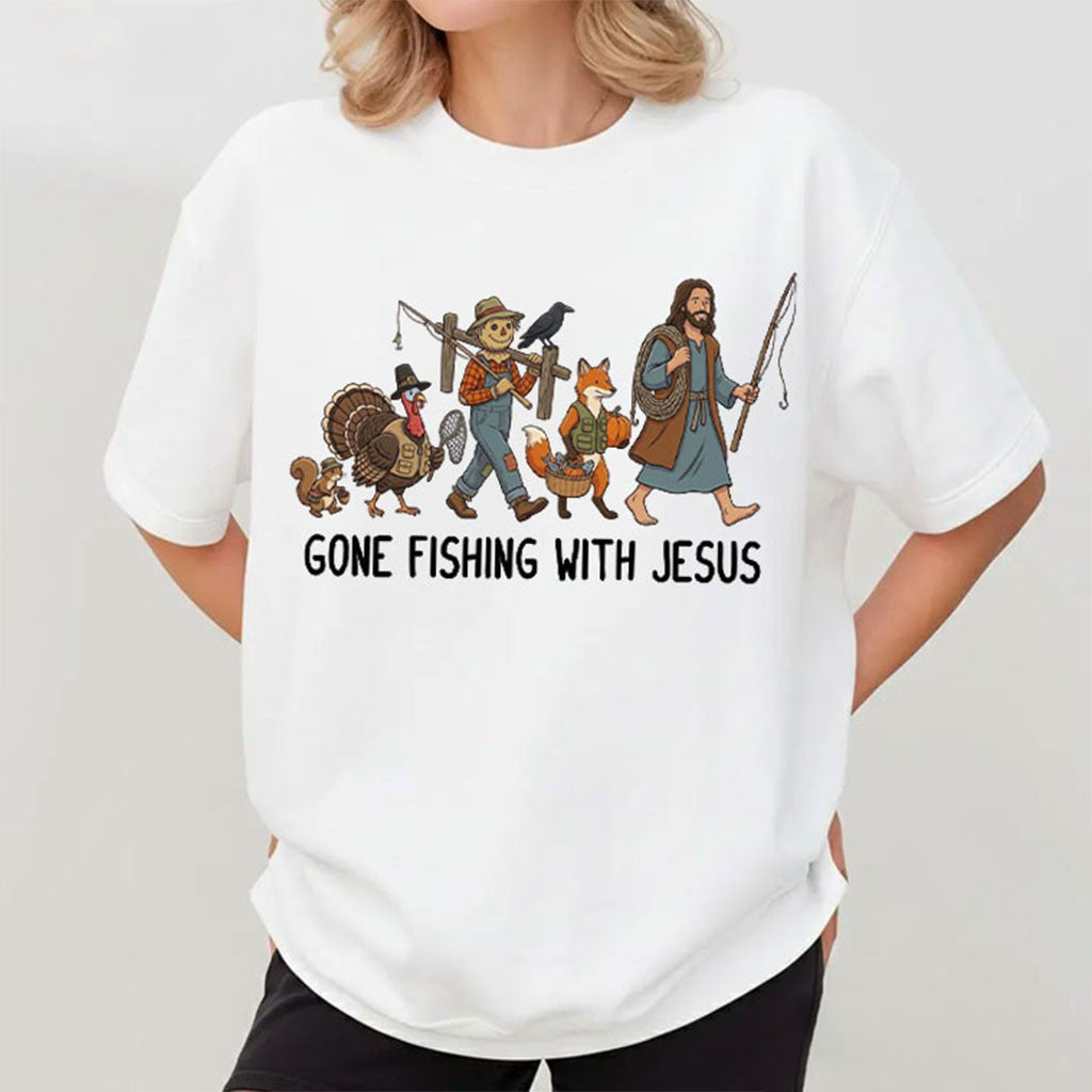 Gone Fishing With Jesus Funny Christian Thanksgiving T-Shirt - Merchluma