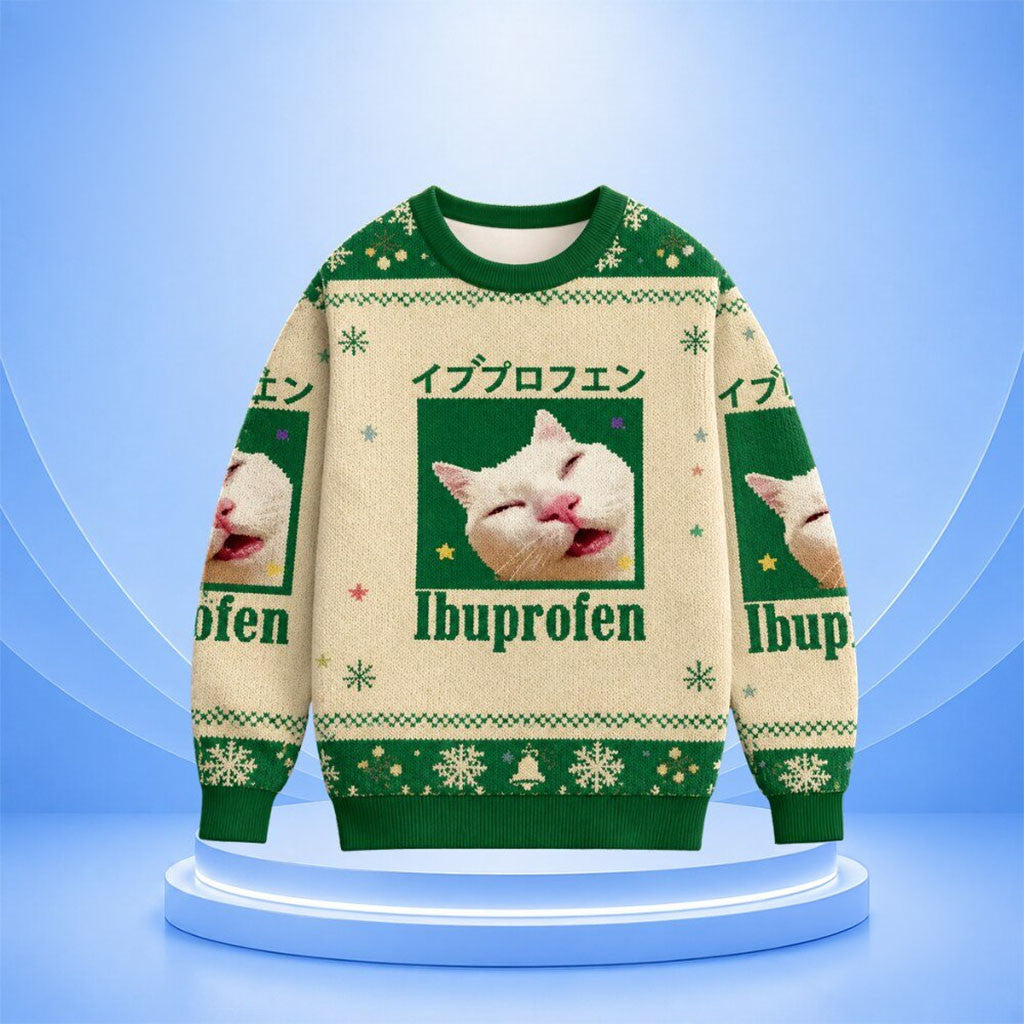 Funny Ibuprofen Meme Cat Christmas Ugly Sweatshirt 2026 Featured - Merchluma