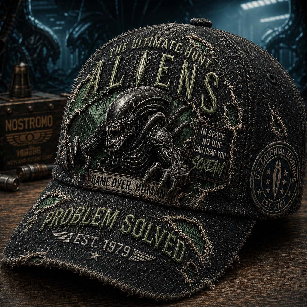 Aliens Merch 2026 The Ultimate Hunt Aliens Hat Xenomorph Problem Solved Hat Movie Fan Gear - Merchluma